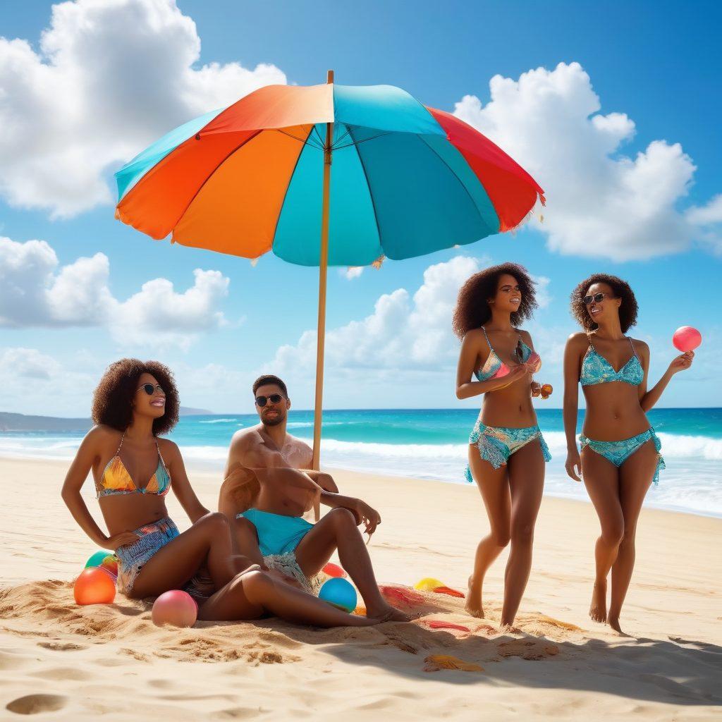 A stylish beach scene featuring diverse individuals wearing trendy beachwear, showcasing both casual and chic outfits. In the background, symbolize financial strategies with a playful beach umbrella that has dollar signs on it, alongside a sun reflecting off vibrant beach balls. The sky is bright blue with fluffy clouds and the atmosphere feels empowering and confident. super-realistic. vibrant colors. sunny beach setting.